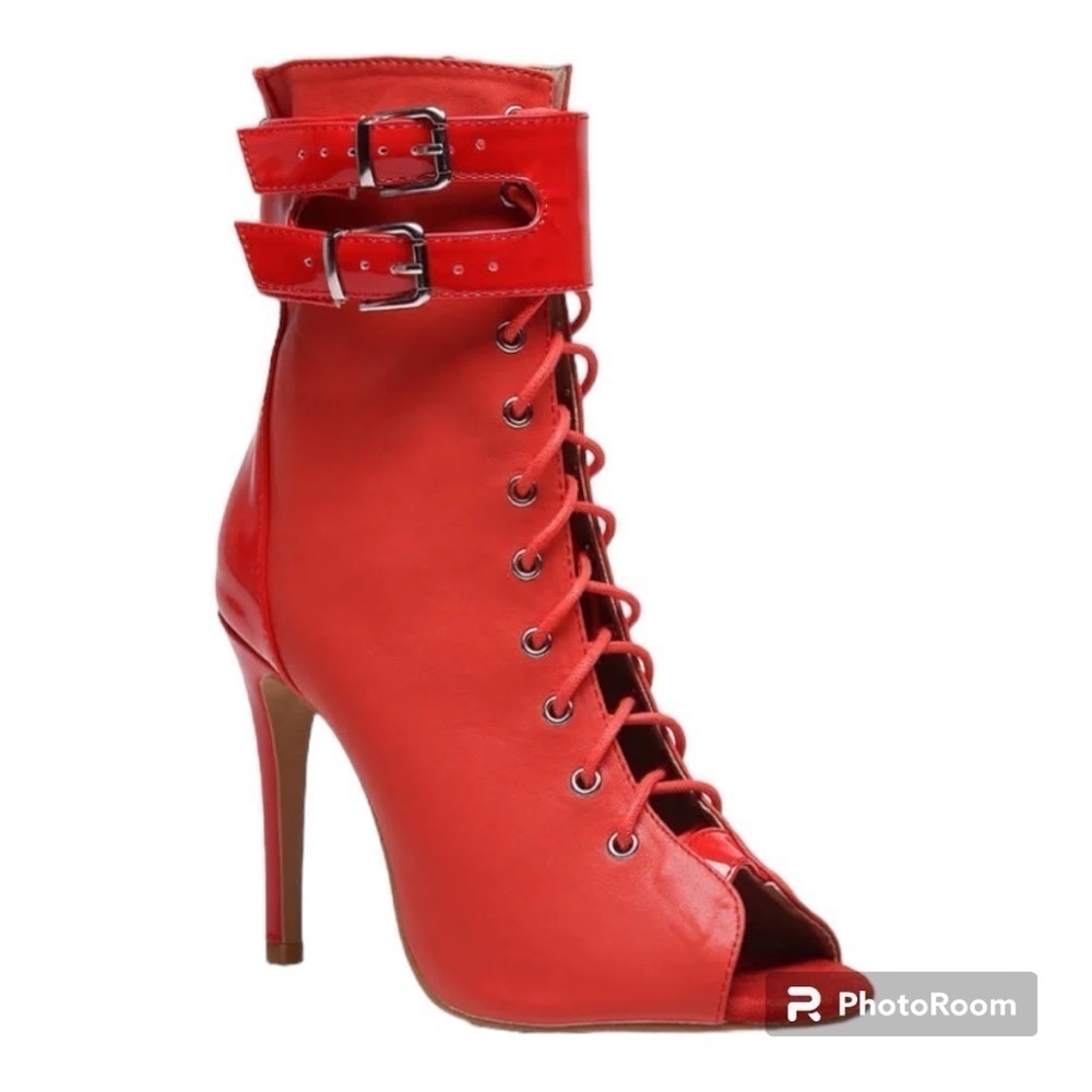 NWT BURJU Under The Influence Open Toe Lace Up Buckle Ankle Boots | Red 12